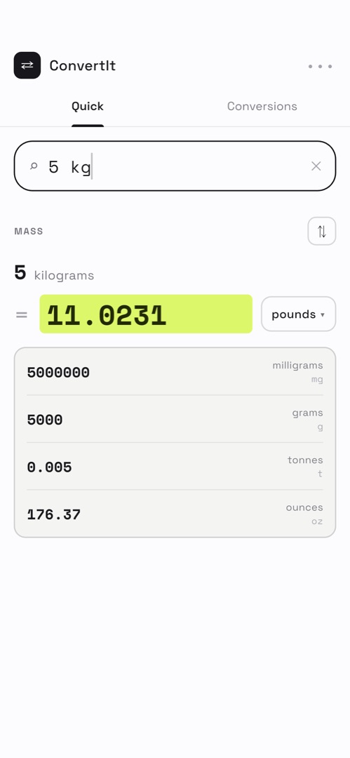 ConvertIt converting 5 kg to 11.0231 pounds, with grams, tonnes and ounces below