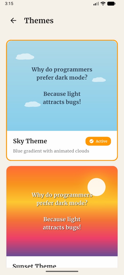 The theme picker showing the Sky and Sunset themes