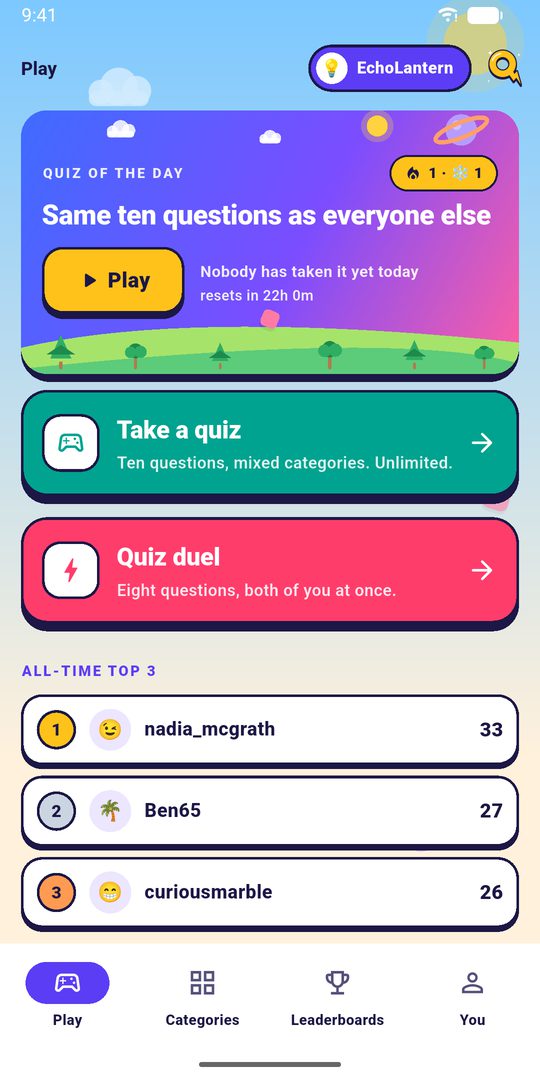 The lobby, with the quiz of the day