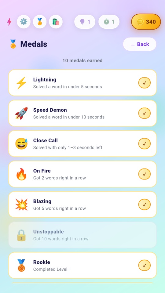 The medals screen