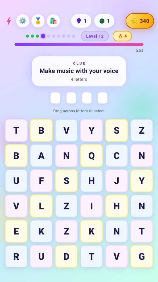 A Word Bolt round: the clue 'Make music with your voice' above a grid of letters