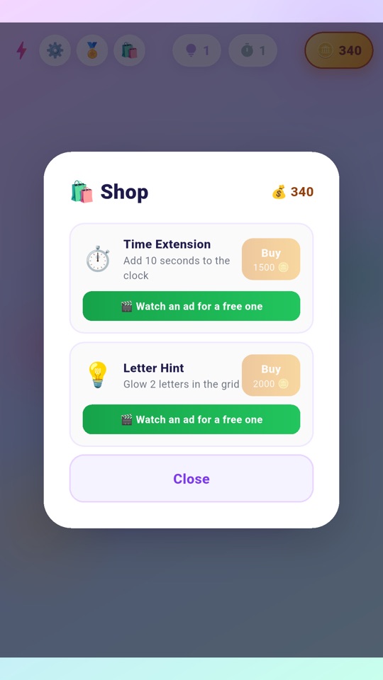 The shop with time extensions and hints